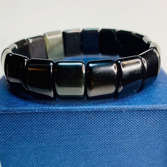 Black Rainbow Obsidian Square Tile Stretch Bracelet - Picture 5 of 9